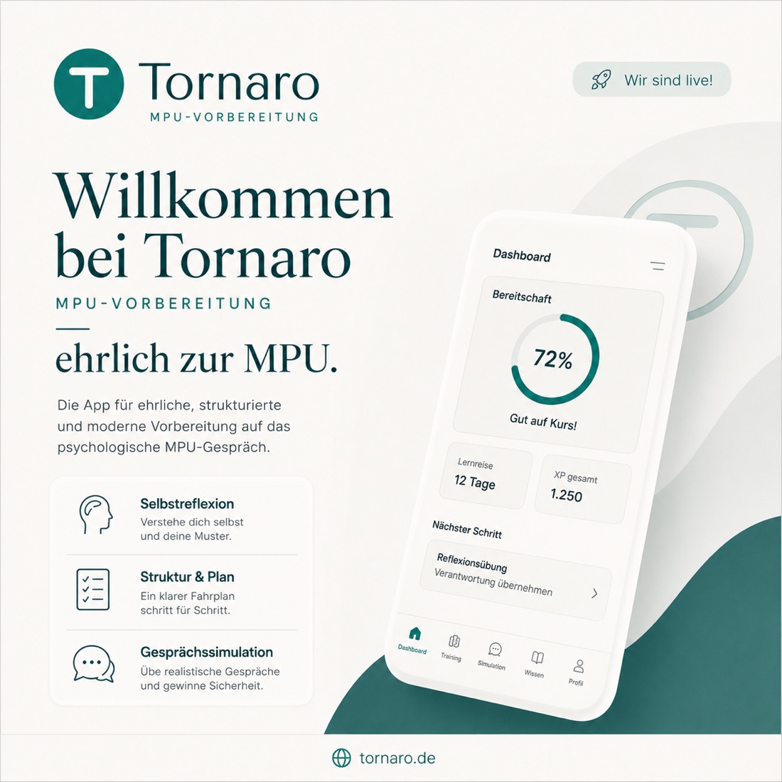 Tornaro – App zur MPU-Vorbereitung: Dashboard mit Bereitschaftsanzeige, Selbstreflexion, Struktur & Plan und Gesprächssimulation